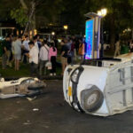 プノンペン　酔っぱらい女性の運転する車がトゥクトゥクとバイクに衝突