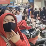 28日のミャンマー地震後、ポイペトで建物から避難する人々