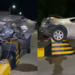 プノンペンの道路の分離帯に中国人運転手の車が激突、乗り上げ